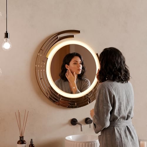 Image of BASSINO 3D Bathroom Mirror with LED Lights /Sensor Touch /3 Adjustable Colors /Dimmable Light /Vanity Mirrors /Round Washbasin Mirror with LED Lights /Smart Mirror for Bathroom Wall(Rose-Gold)