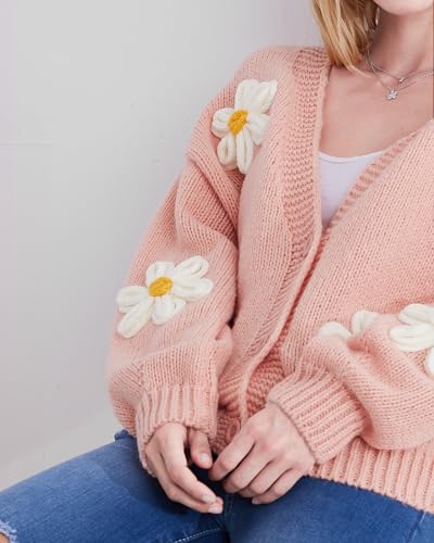 Y2k Sweater Cardigan for Women, Long Sleeve V-Neck Button Crochet Flower Knit Womens Clothes.4