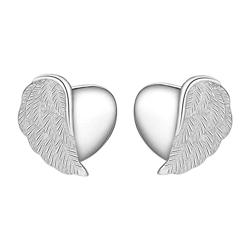 Viwind Boucles d'oreilles à tige d'ailes d'ange pour femme en argent sterling 925 avec cœur (argent)