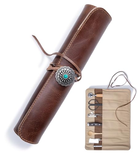 Angus Stoke Bolsa para cuchillos de piel - 7 piezas de cuero de búfalo premium rollo para cuchillos de cocina - bolsa para cuchillos - bolsa de cocina Jamie, Marrón, 40 cm x 29 cm, Bolsa para