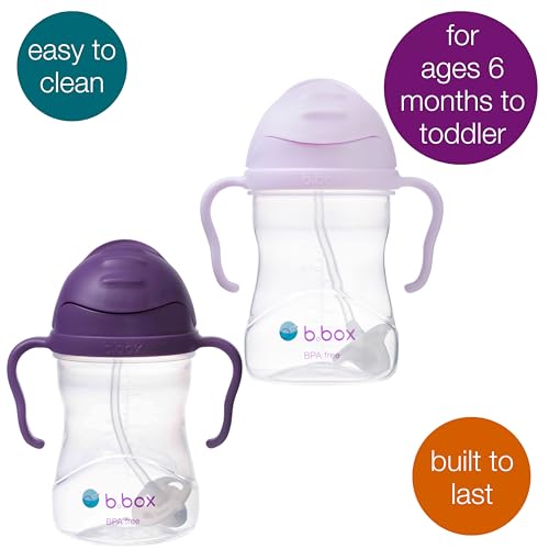 b.box Sippy Cup with Weighted Straw (2-Pack). Leak Proof, Easy Grip. BPA Free & Dishwasher Safe. Ideal for Babies 6m+ to Toddlers (grape + boysenberry, 8oz)
