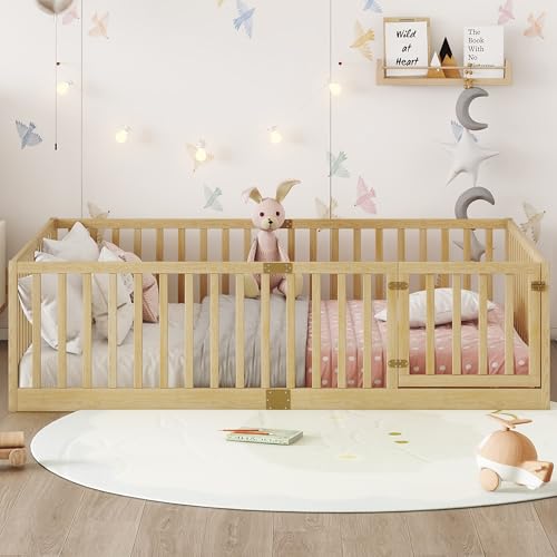 Image of Bellemave Full Size Kids Montessori Floor Bed Frame with Door and Slats,Solid Wood Floor Bed Frame with Slats and High Fence for Kids,Girls,Boys,Natural