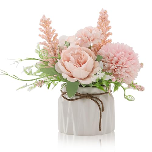YTZWkit Artificial Flowers in Vase, Faux Pink Hydrangea Flowers with Ceramic Vase, Fake Flower Plants in Pot for Table Living Room Bedroom Office Coffee Shop Party Home Indoor Decoration