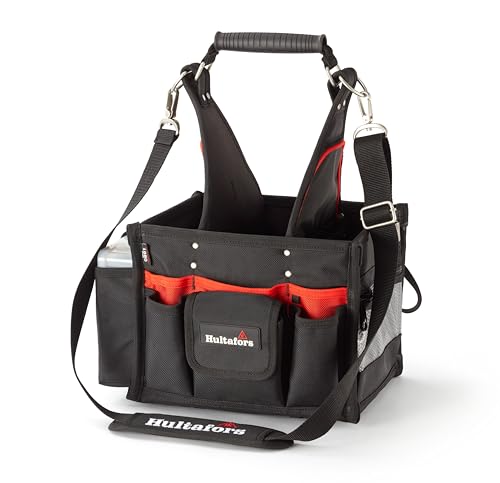 Tool bag for electricians with 34 compartments and storage options, including shoulder strap and assortment box from Hultafors I Open tool bag with compartments and pockets I Robust material I 590150