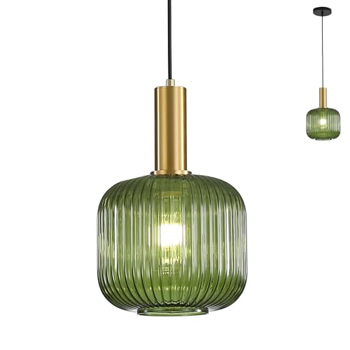 HJXDtech Lámpara Colgante de Techo de Vidrio Rayado en Acabado Dorado,Altura Ajustable, Industrial Vintage E27 Lámpara de Araña para Salón, Dormitorio,Cocina y Comedor (Verde, 20 cm)