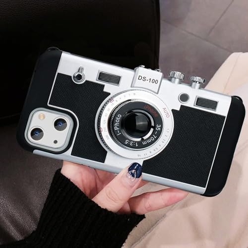Image of Nova Treasure Compatible with iPhone 14 Vintage Camera Silicone Back Cover Case with Adjustable Crossbody Lanyard Strap for Girls & Women | Protective Phone Cover | Free Tempered Glass | Black