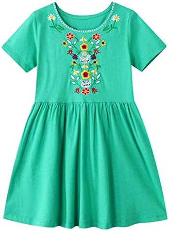 HILEELANG Girls Dress Embroidery Green Flower Short Sleeve Summer Cotton Casual Basic Tunic Shirt Playwear Jersey Dresses 4T