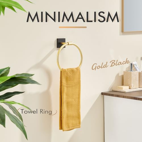Image of KOKOSIRI Hand Towel Holder Wall Mounted Towel Ring Bathroom Accessories Shower Towel Hanger Rack Stainless Steel Black with Gold, B3010GDK