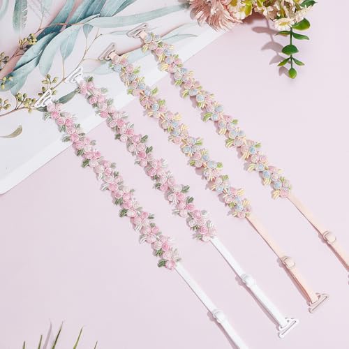 Image of FREEBLOSS 2 Pairs Decorative Bra Straps Adjustable Floral Bra Straps Replacement for Women Invisible Dress Strap, Multicolor