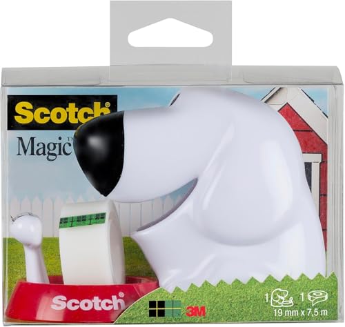 Scotch Tischabroller inkl. 1 Rolle Klebeband - Hunde Klebeband Abroller, auch für Kinder, weiß