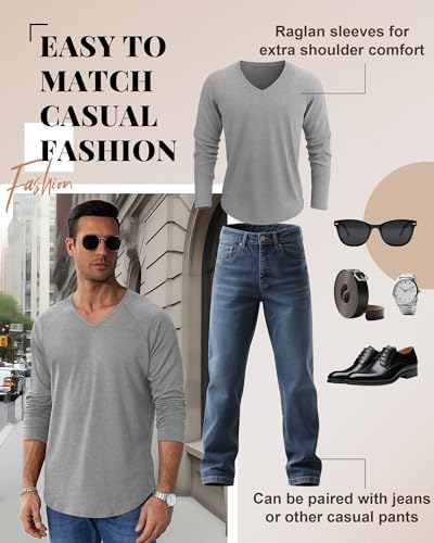 Riyiper 3 Pack Men's Long Sleeve T-Shirts V Neck Curved Hem Casual Tops Raglan Stretch Basic Tee Shirts3