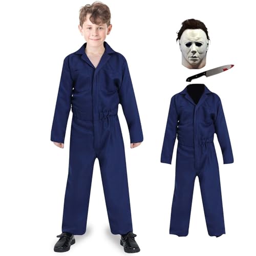 Michael Myers Costume Kids Halloween Mike Myers Costume with Michael Myers Mask Knife Outfit Horror Scary Killer Cosplay Coveralls Suit for Boys Girls Children (A X-Large)
