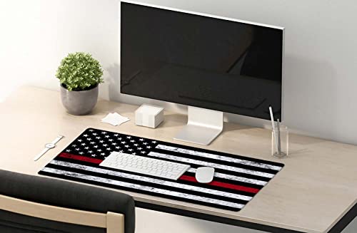 Image of SSOIU Extended Gaming Mouse Pad (35.5x15.7 in), Large Stable Rubber Base Mousepad with Stitched Edges, Keyboard Mouse Mat Desk Pad for Work, Game, Office, Home - Fire Fighter Thin Red Line Flag