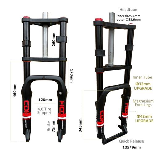 CDHPOWER 20\" Bicycle Fork 4.0\" Fat Tire Air Suspension Bike Fork, Double Shoulder w/ 1-1/8\" Headset Combo, 9mm Quick Release, Disc Brake E-Bike/MTB