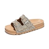 Cape Robbin Becky Double Buckle Rhinestone Slides Sandals for Women, Round Toe Sparkly Sandals,Glitter Bling Sandals for Women - Beige Size 10