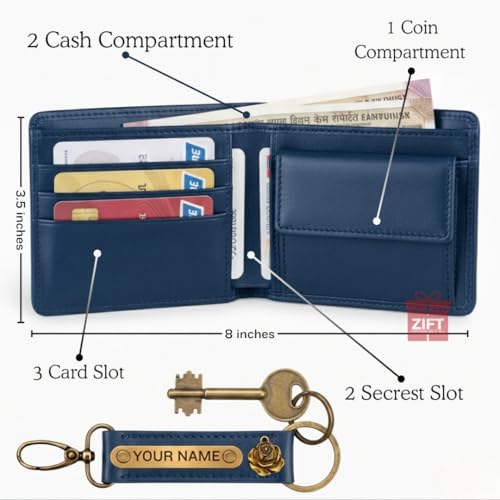 Image of Zift Personalized Name & Charm Leather Wallet & Keychain Gift Set for Men | Custom Name Engraved Wallet with Keychain | Birthday Anniversary Diwali Corporate Gifts for Men (Ocean Blue)