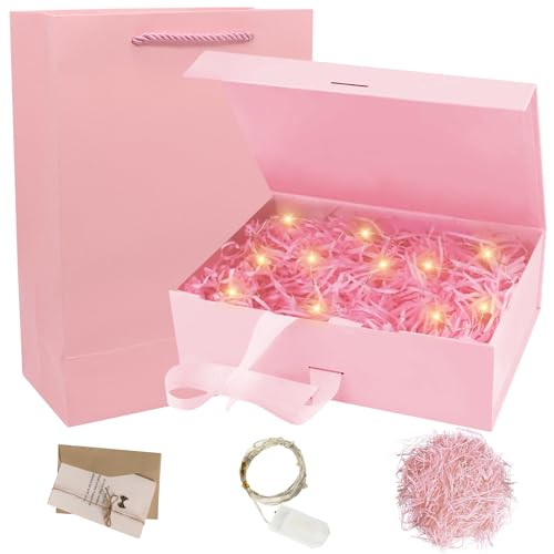 Presentförpackning med lock, vikbar presentförpackning bröllop, 23 X 17 X 7 cm magnetisk låda med rosett LED-lampor gratulationskort presentpåsar för julklappsförpackning födelsedag jubileum (B)