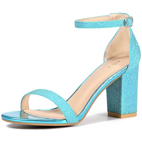 Allegra K Women's Glitter Ankle Strap Chunky Heels Sandals
