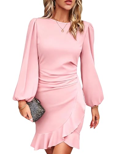 Image of Spicy Sandia Women Ruched Bodycon Cocktail Formal Mini Dress Elegant Ruffled Lantern Sleeve Business Work Banquet Tulip Dress
