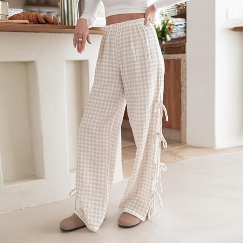 Womens Y2K Striped Wide Leg Lounge Pants Side Tie-Up Loose Fit Plaid Pinstripe Trousers Going Out Pants Streetwear2