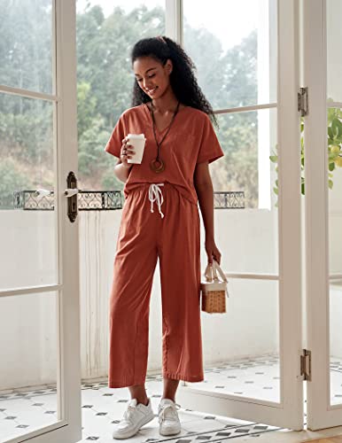 Ekouaer Women's Pajamas Set Outfits Tracksuit Short Sleeve Top Wide Leg Pants Cotton Linen Sleepwear Lounge Sets(Clay,Xl) #TOP2
