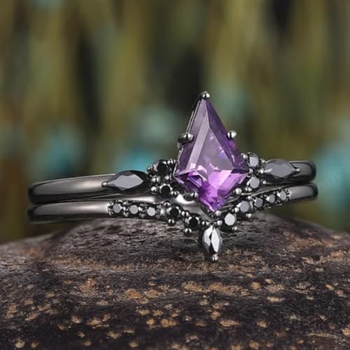 IVANKA Black Gold Kite Cut Amethyst Engagement Ring Set Witchy Rhodium Black Promise Ring Gothic Black Wedding Band Set Anniversary Ring Bridal Set Wedding Ring Set Purple Gemstone February Birthstone Statement Ring Set Amethyst Wedding Set Stackable Ring Gift For Her3