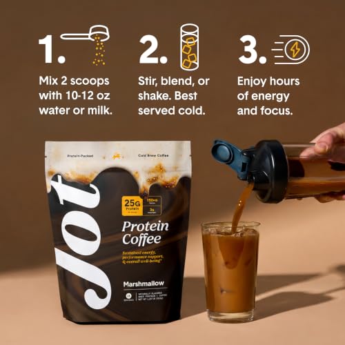 Image of Jot Protein Iced Coffee - 25g Grass-Fed Whey, Only 5 Ingredients - 150mg Caffeine, 3g Added Sugar, No Artificial Sweeteners - Mix with Water, Milk or Smoothie - Marshmallow (15 Servings)