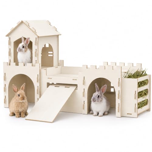 Large Bunny House and Hideouts Wooden Dual-Layer Rabbit Castle with Stair Rubber Band-Free Setup - Chew-Proof Sturdy Habitat for Guinea Pig Chinchilla Ferret (Rabbit house with Hay Feeder)