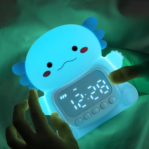 ウーパールーパー目覚まし時計 ナイトライト付き 子供用｜7色RGBライト搭載 かわいいベッドルーム用目覚まし時計｜OK to Wakeクロック｜シリコン製動物型テーブルトップランプ｜ティーン女子・男子向け｜ブルー