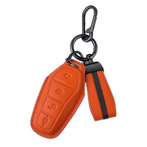 Image of Keyzone Royal Leather Car Key Cover with Keychain for BYD Seal and Atto 3 smart Key (Sunburst Orange)