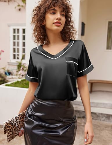 Image of Ekouaer Satin Pajamas for Women Short Sleeve Silk Pajama Sets Soft Sleepwear Top with Causal Long Pj Pant