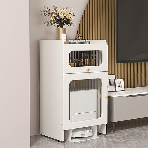 Space-Saving Wood Shelf with Wheels for Robot Vacuum, Two-Door Design - Optimal Organizer for Home & Office, Maximize Storage Efficiency, Stylish & Functional