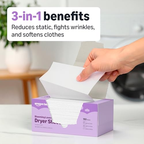 Image of Amazon Basics Dryer Sheets Laundry Fabric Softener, Blooming Lavender, Reduces Static Cling, Fights Wrinkles, 160 Count