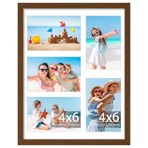 decorUhome 11x14 Picture Frames Collage Wall Decor, Display 5Pcs 4x6 Photos with Mat or 1Pcs 11x14 Unmatted, 5 4x6 Collage Picture Frames for Wall Mounting, Brown