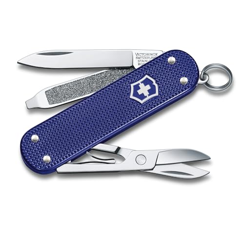 Image of Victorinox Classic SD Alox Swiss Army Knife, Compact, 5 Functions, Swiss Made Pocket Knife with Small Blade, Screwdriver and Key Ring - Night Dive (Blue)