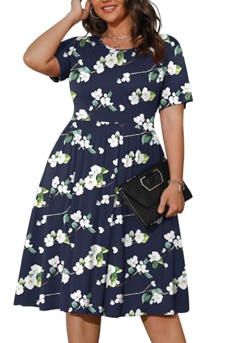 Image of POSESHE Womens Plus Size Summer Dress 2026 Casual Short Sleeve Empire Waist Loose Fit Swing T-Shirt Dress with Pockets