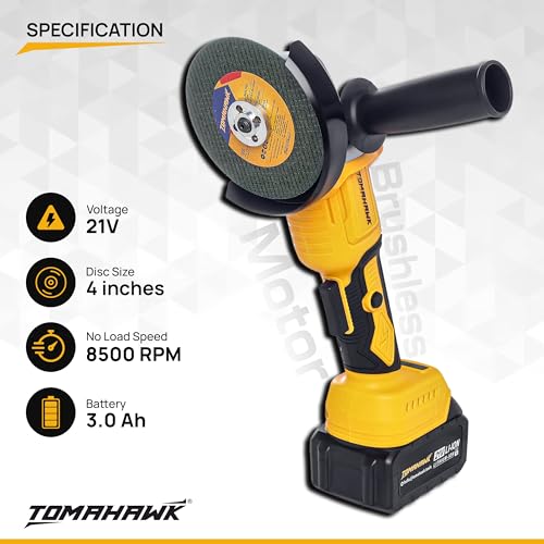 Image of Tomahawk T-32052 21V Cordless Brushless Angle Grinder 4 Inch | 3 Speed Control (8500 /5500 /3500 RPM) | 2 x 3.0Ah Batteries | Trigger Lock | Battery Level Indicator | Home & DIY Use