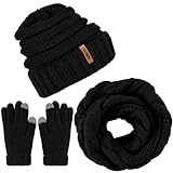 Aneco Winter Warm Knitted Scarf Beanie Hat and Gloves Set Men & Women's Soft Stretch Hat Scarf and Mitten Set (Black)