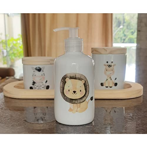 Kit higiene bebê 4 peças Safari - Bandeja, potes e porta álcool - Peças porcelana bandeja e tampas p