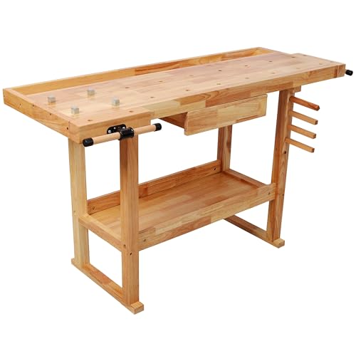Montary 55 Wood Workbench Heavy Duty Woodworking Bench with Adjustable Handle 300Lbs Load Capacity Woodworking Table Work Bench with Drawer & Shelf for Garage Workshop Home Storage