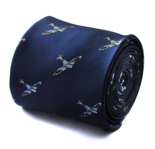 Navy Blue Tie with Spitfire Plane Pattern and Floral Lining, Premium 8cm Classic Width Men’s Necktie for Office, Weddings or Events