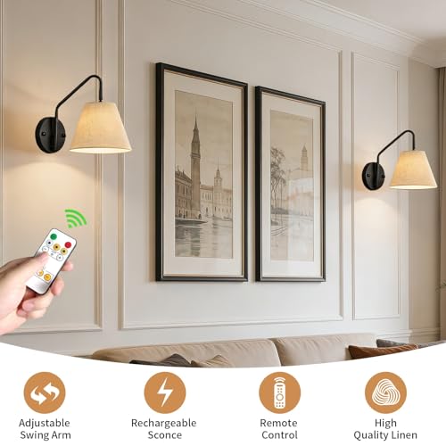 Image of Black Wireless Wall Sconces Set of Two, Swing Arm Battery Wall Sconce, Battery Operated Wall Sconce with Remote, Battery Sconces with Linen Lampshade, Rechargeable Wall Lights for Living Room