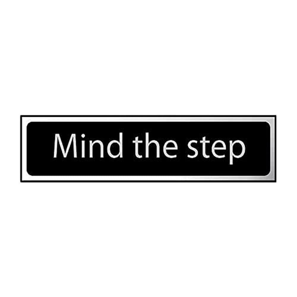 Mind the Step Sign Self-Adhesive PVC - Black and Chrome Effect 200mm x 50mm