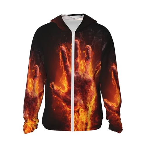 UPF 50+ Sun Protection Hoodie Rash Guard Long Sleeve Sun Shirt Fire Flame Hand UV Shirt Full Zip Jacket