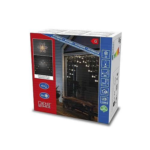 Konstsmide LED Curtain Fairy Lights/11 Clear Snowflakes/41 Warm White Diodes/Outdoor or Indoor/Transparent Cable/Mains Powered/1.2m High x 1.4m Wide and 10m Lead