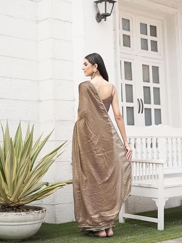 Image of Womanista Women's Ready to wear Two tone camel brown and gold colored saree with embellished lace(TI7074 Camel Brown Onesize)