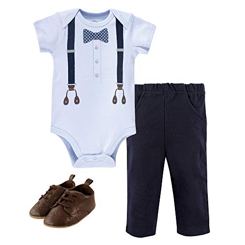 Little Treasure Unisex Baby Cotton Bodysuit, Pant and Shoe Set, Navy Dot Bow Tie, 3-6 Months