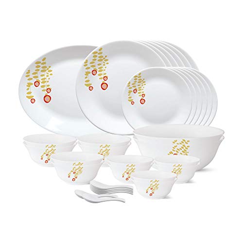 Larah by Borosil - Tiara Series, Pebbles, 33 Pcs, Opalware Dinner Set, White
