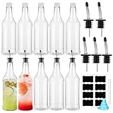 Dandat 20 Pcs 32 oz Plastic Long Neck Bottles with Pourer and Caps Plastic Juice Pour Bottles with Stainless Steel Pourer Tapered Spout for Liquor Juice Store (Sliver)