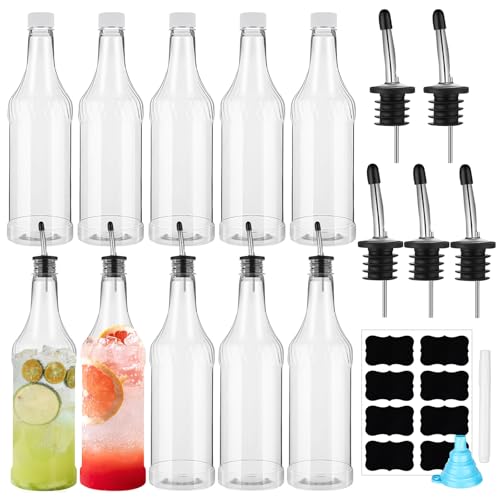 Dandat 20 Pcs 32 oz Plastic Long Neck Bottles with Pourer and Caps Plastic Juice Pour Bottles with Stainless Steel Pourer Tapered Spout for Liquor Juice Store (Sliver)